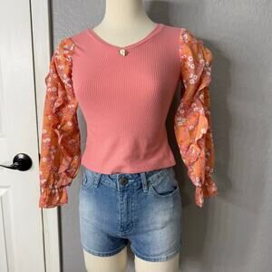 Girls 7-16 Self Esteem Long Sleeve Mix Media Top Color: Pink Size: MEDIUM